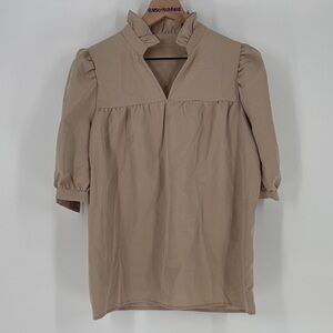 Tan Top puff sleeve and ruffle collar small